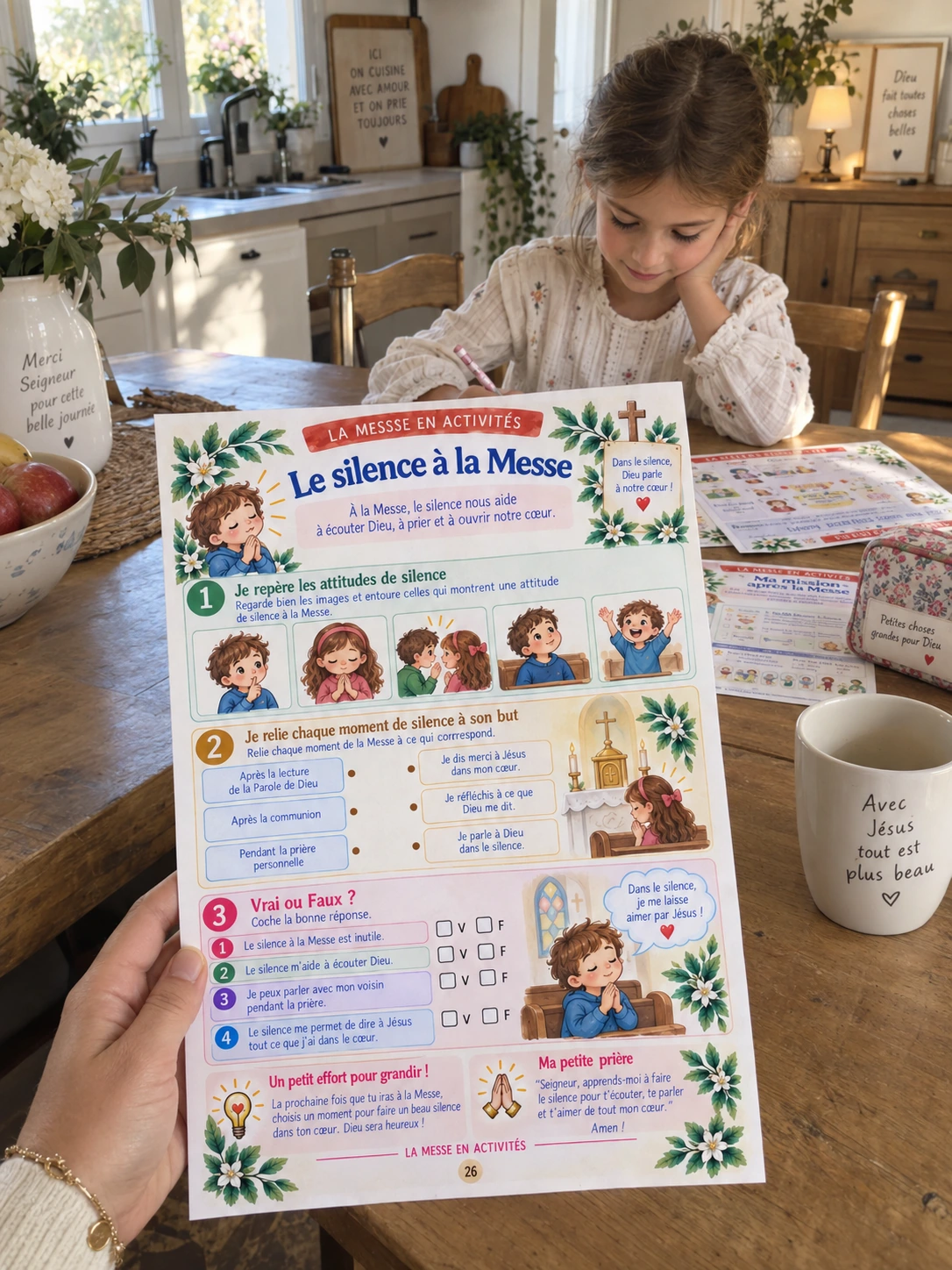Enfant découvrant une fiche d’activité illustrée